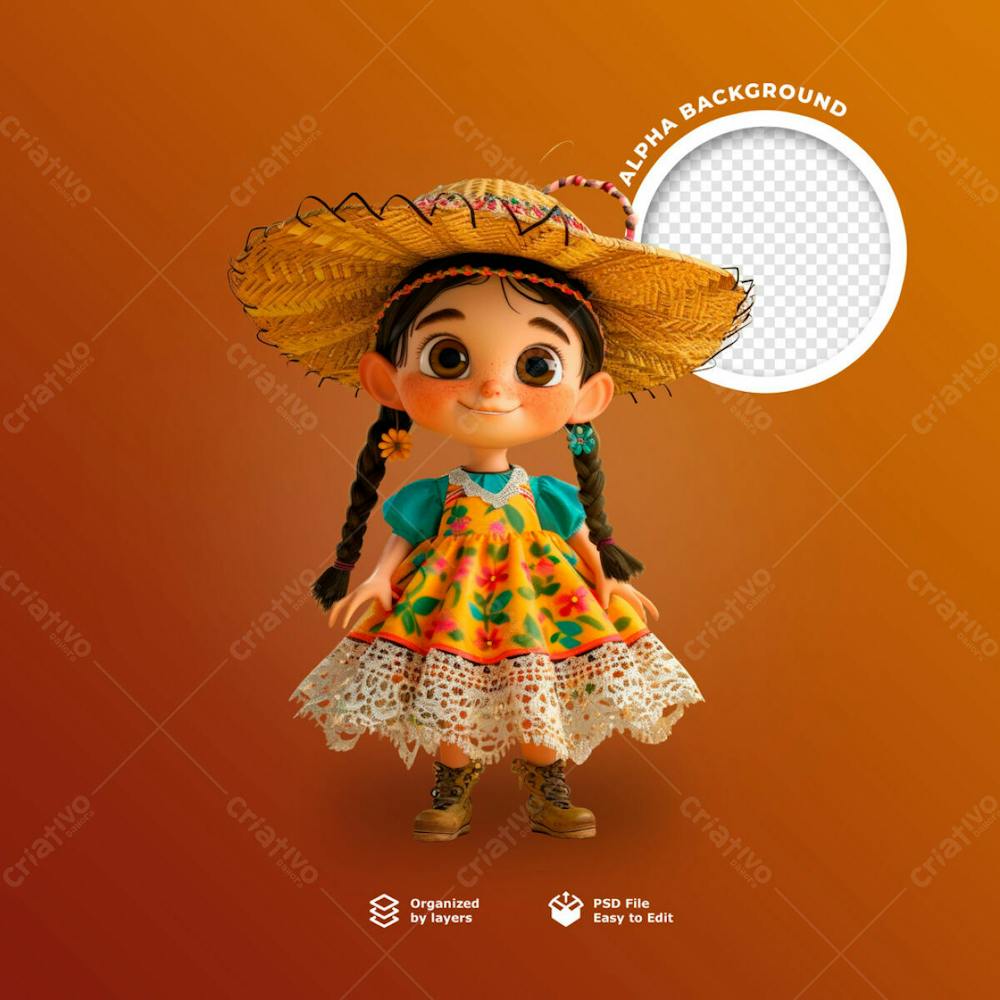 Uma Boneca 3D Com Chapéu De Palha Para Festa Junina