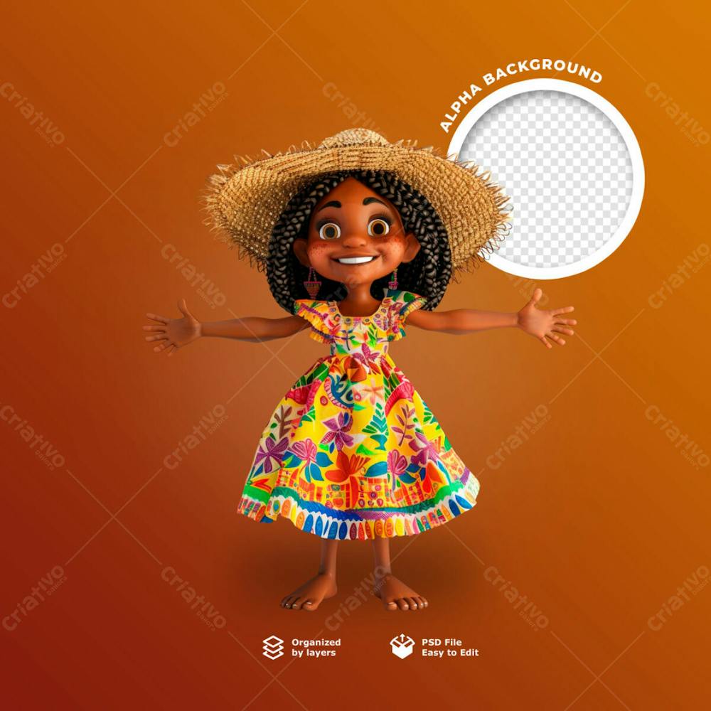 Uma Boneca 3D Com Chapéu De Palha Para Festa Junina