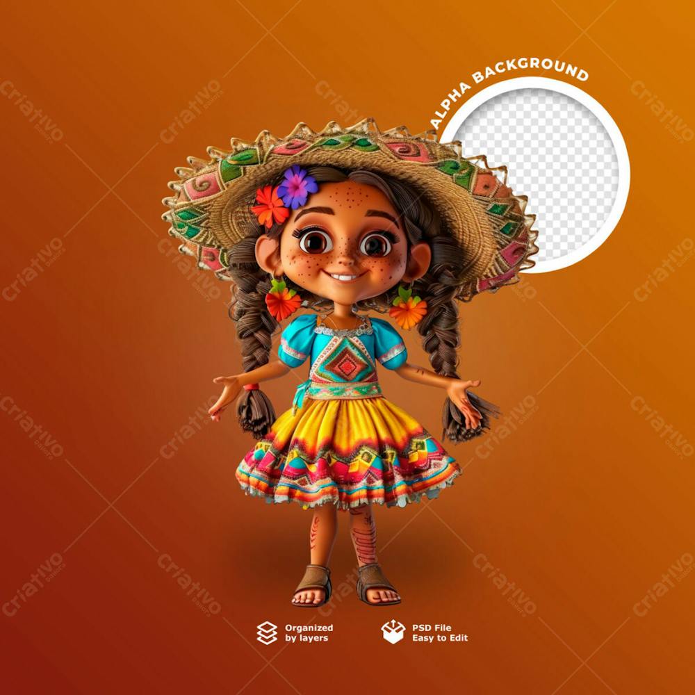 Uma Boneca 3D Com Chapéu De Palha Para Festa Junina