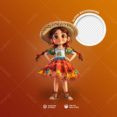 Uma boneca 3d com chapéu de palha para festa junina