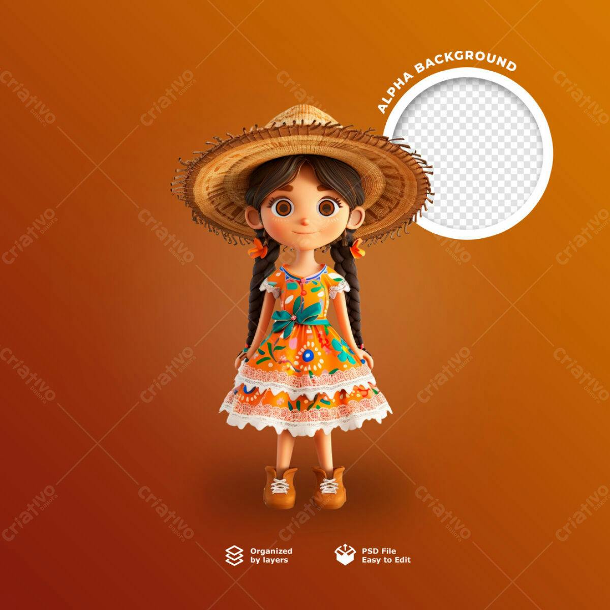 PSD para Festa Junina com Menina 3D PSD Editável
