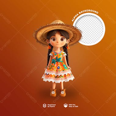 Uma boneca 3d com chapéu de palha para festa junina