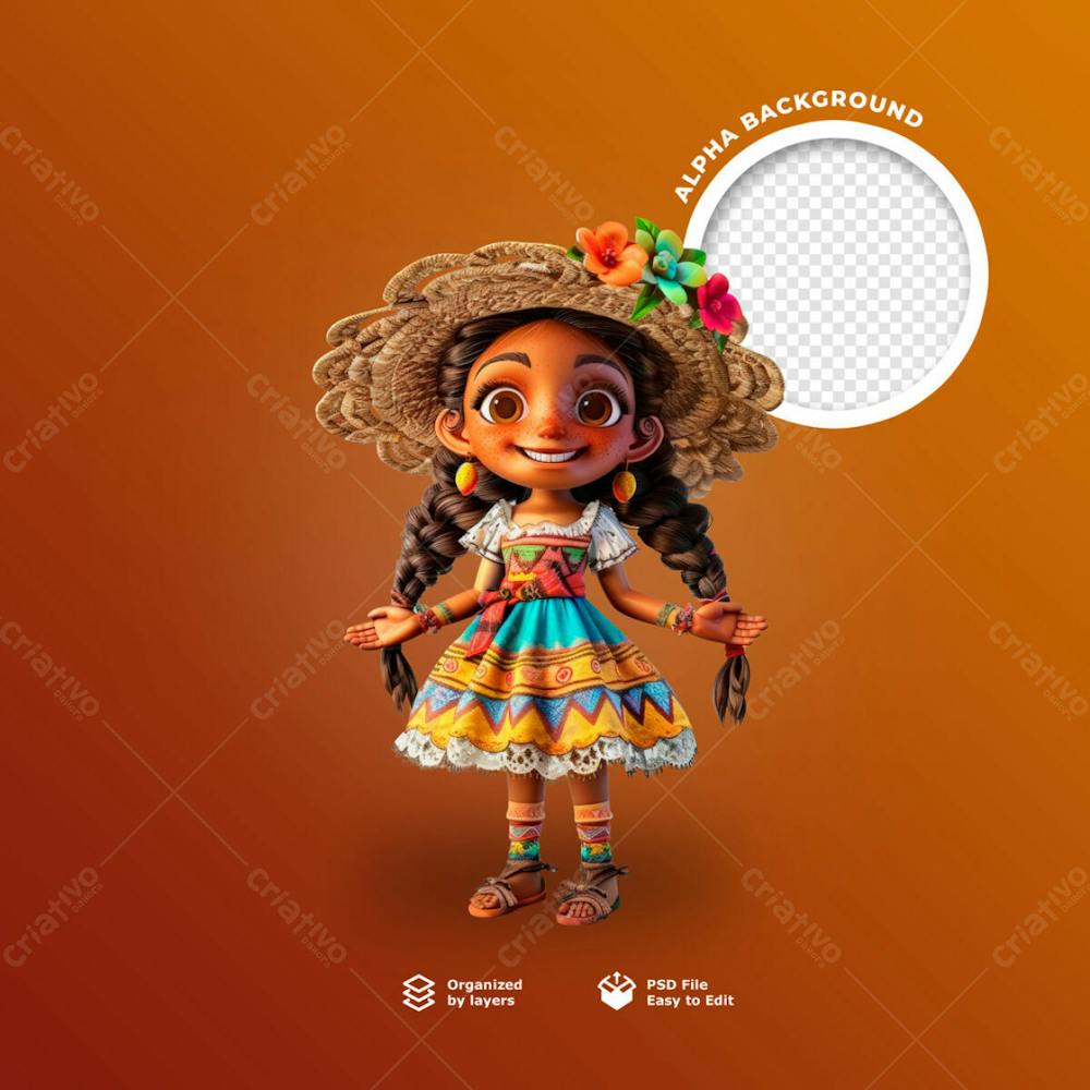 Uma Boneca 3D Com Chapéu De Palha Para Festa Junina