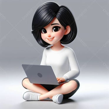 Personagem 3d, sentada no chão, usando um laptop, feliz, em fundo cinza