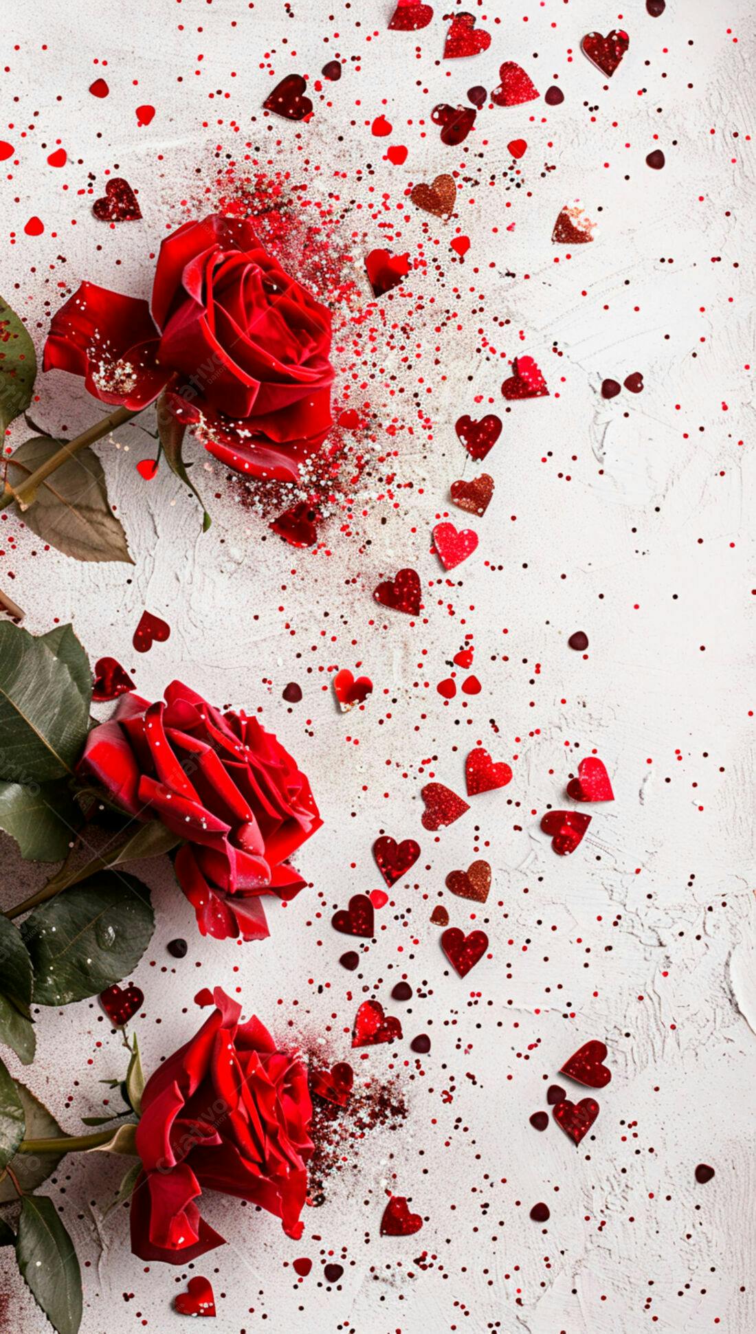 Três rosas vermelhas com glitter e corações