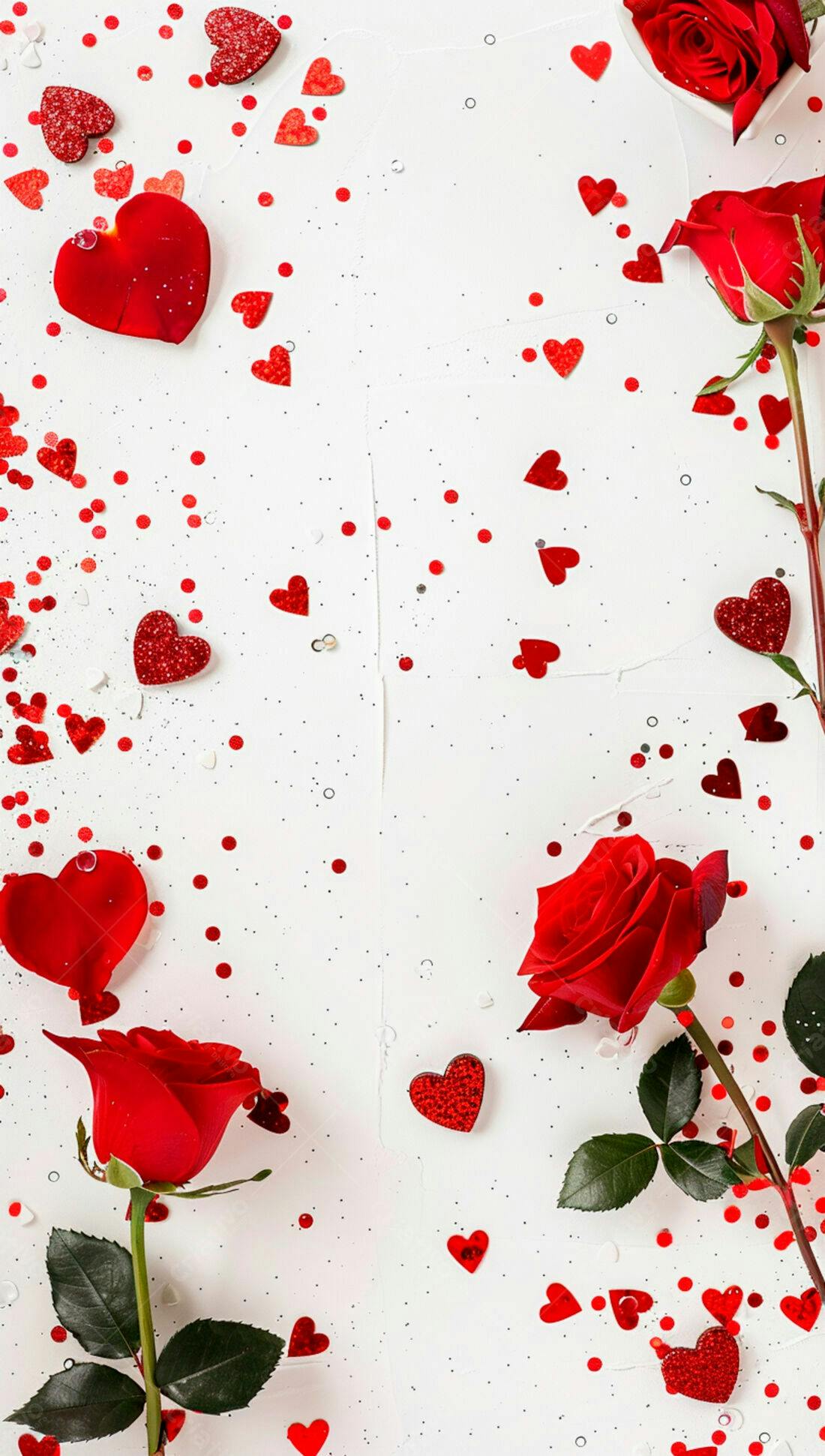 Rosas vermelhas e confetes em fundo branco