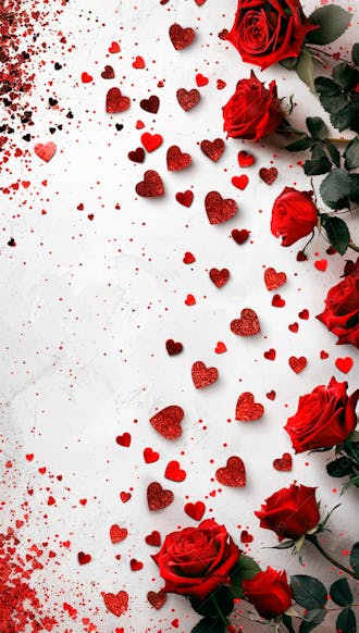 Um fundo branco com rosas vermelhas e coracoes espalhados 6