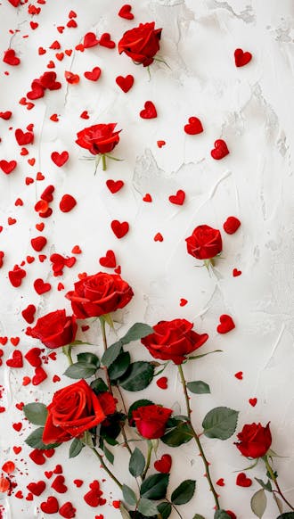 Um fundo branco com rosas vermelhas e coracoes espalhados 11