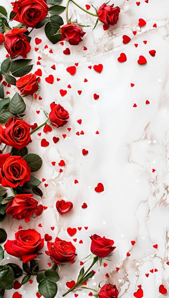 Um fundo branco com rosas vermelhas e coracoes espalhados 12
