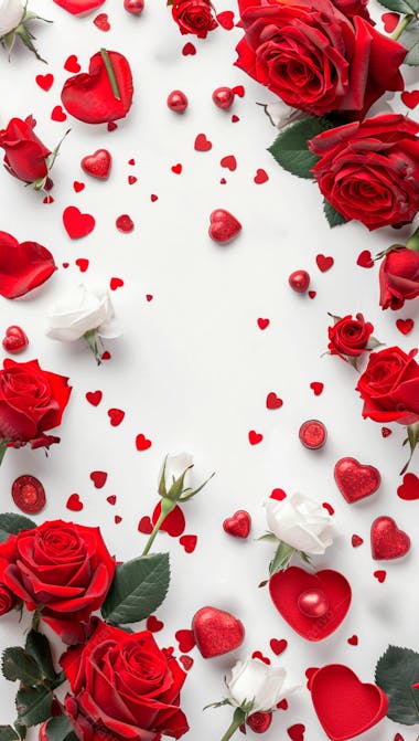 Um fundo branco com rosas vermelhas e coracoes espalhados 13