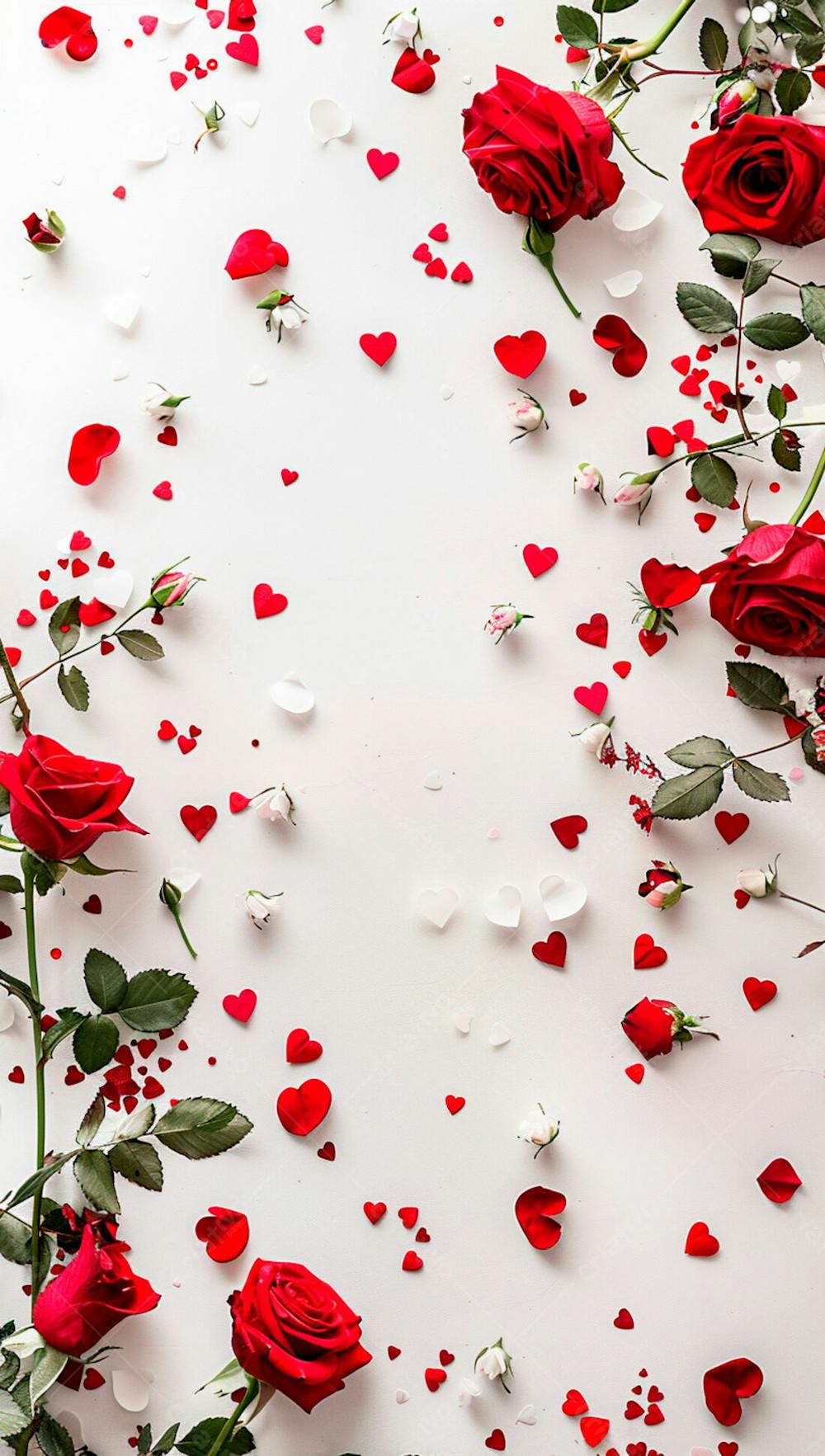 Um Fundo Branco Com Rosas Vermelhas E Coracoes Espalhados 14