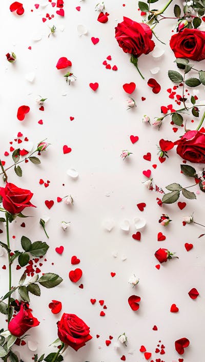 Um Fundo Branco Com Rosas Vermelhas E Coracoes Espalhados 14