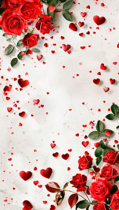 Um Fundo Branco Com Rosas Vermelhas E Coracoes Espalhados 15