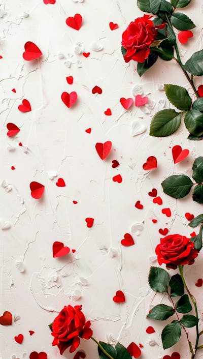 Um Fundo Branco Com Rosas Vermelhas E Coracoes Espalhados 16