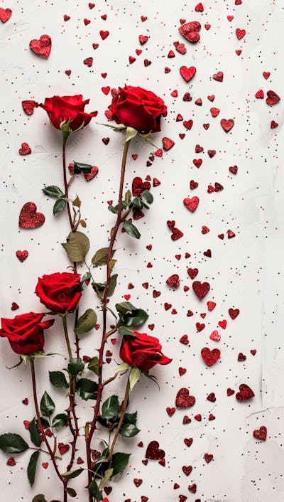 Um Fundo Branco Com Rosas Vermelhas E Coracoes Espalhados 17