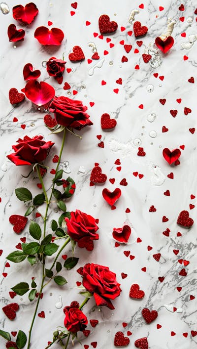 Um Fundo Branco Com Rosas Vermelhas E Coracoes Espalhados 18