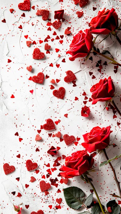 Um Fundo Branco Com Rosas Vermelhas E Coracoes Espalhados 19