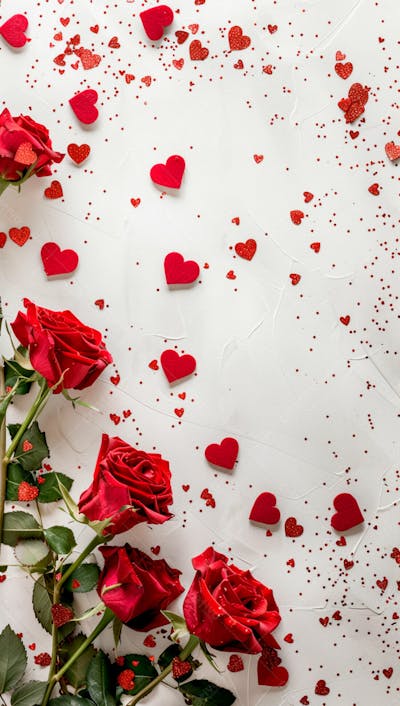 Um Fundo Branco Com Rosas Vermelhas E Coracoes Espalhados 20
