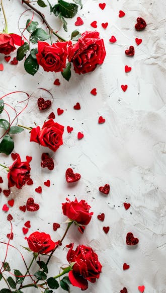 Um fundo branco com rosas vermelhas e coracoes espalhados 21