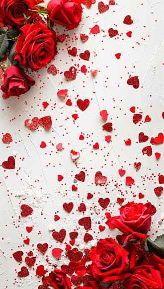 Um fundo branco com rosas vermelhas e coracoes espalhados 23