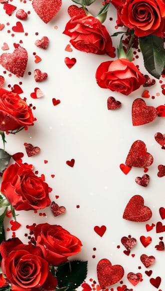 Um fundo branco com rosas vermelhas e coracoes espalhados 26