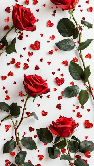 Um fundo branco com rosas vermelhas e coracoes espalhados 28