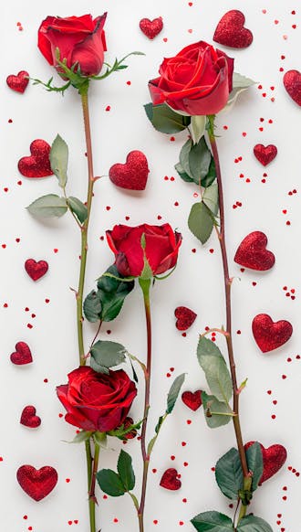Um fundo branco com rosas vermelhas e coracoes espalhados 31