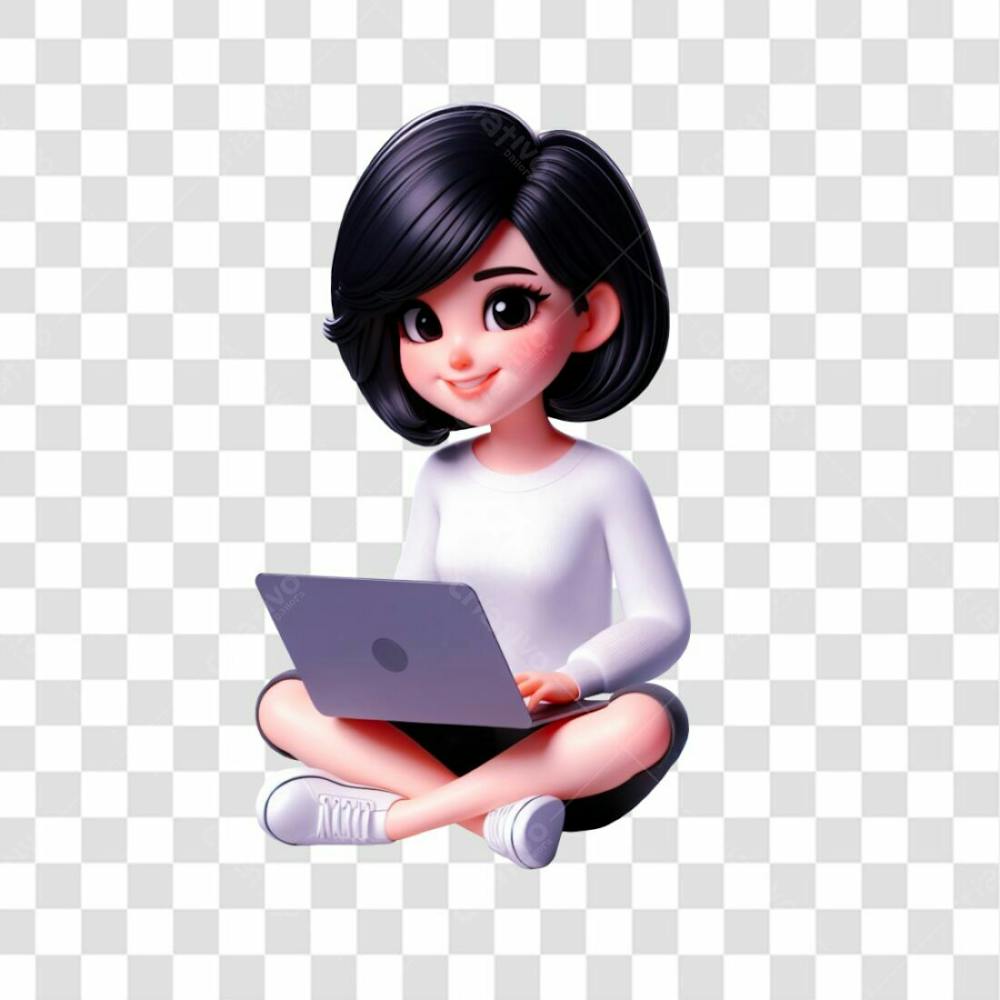 Personagem 3D, Sentada No Chão, Usando Um Laptop, Feliz