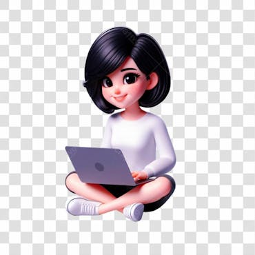 Personagem 3d, sentada no chão, usando um laptop, feliz