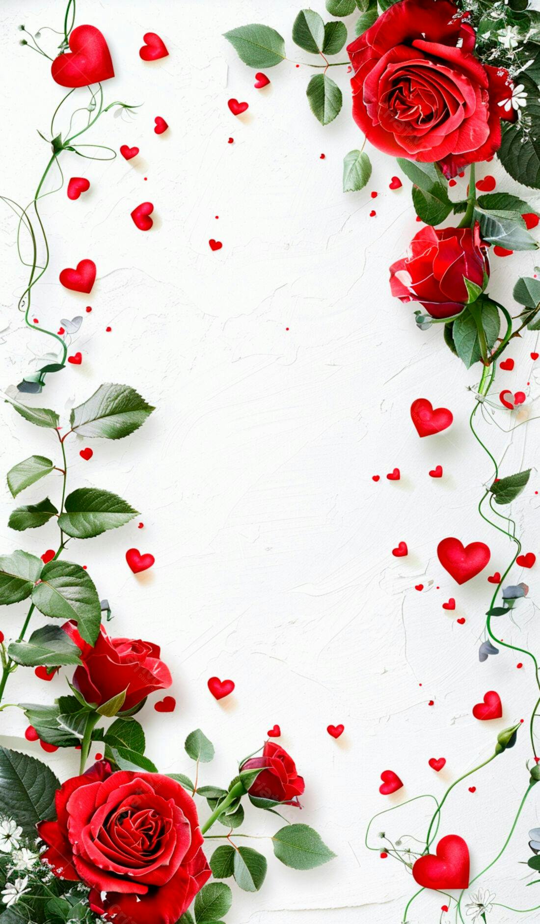 Rosas vermelhas e corações fundo branco Dia dos Namorados