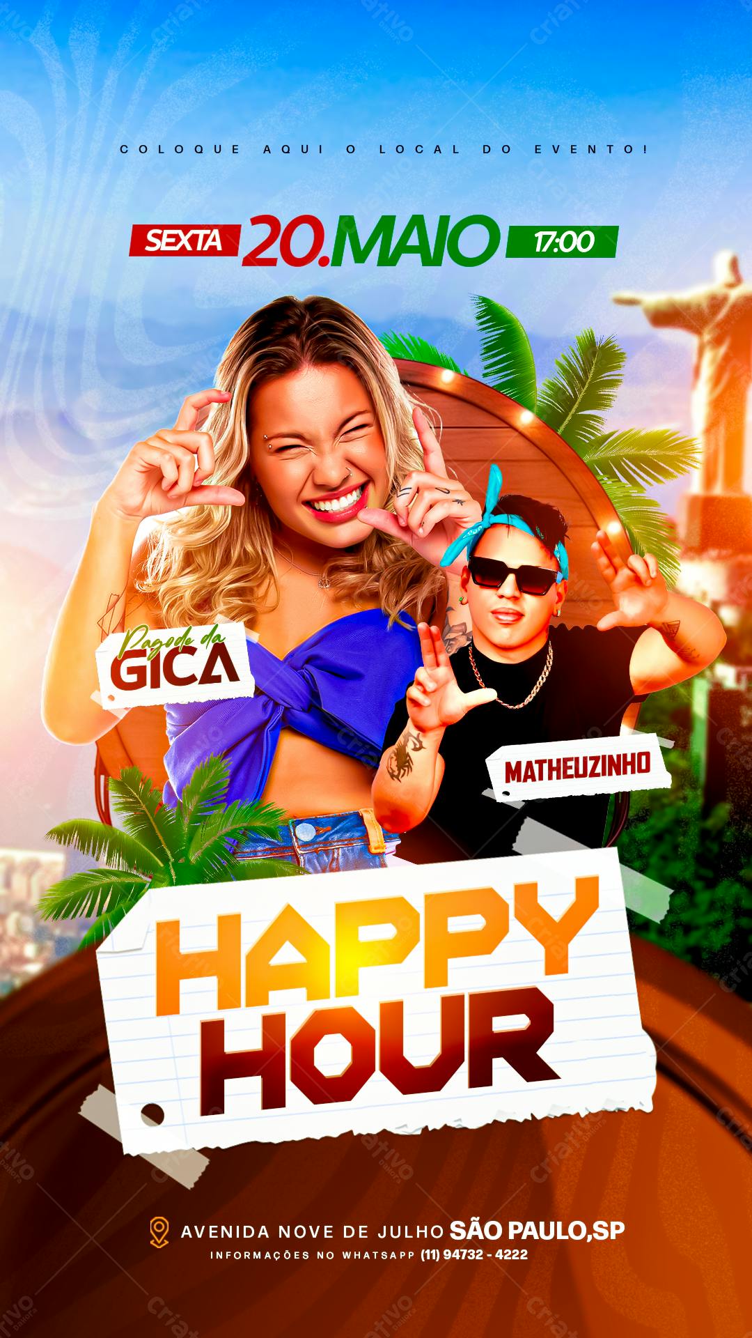 Flyer Happy Hour com Pagode da Gica e Matheuzinho PSD Editável