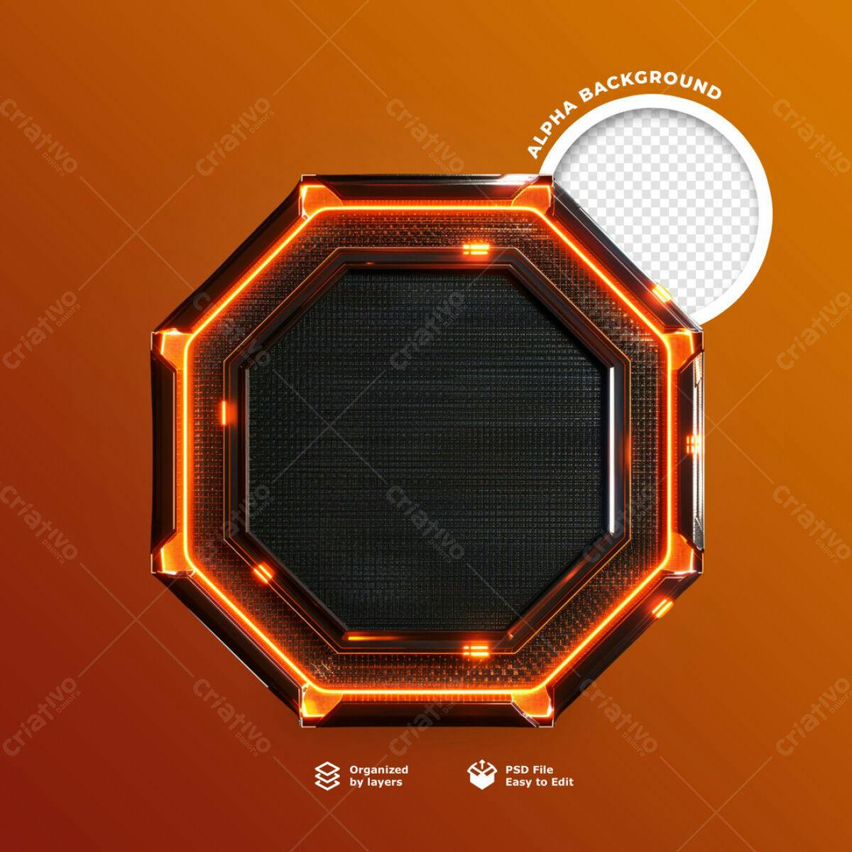 Moldura Octagonal com Iluminação Laranja PSD Editável