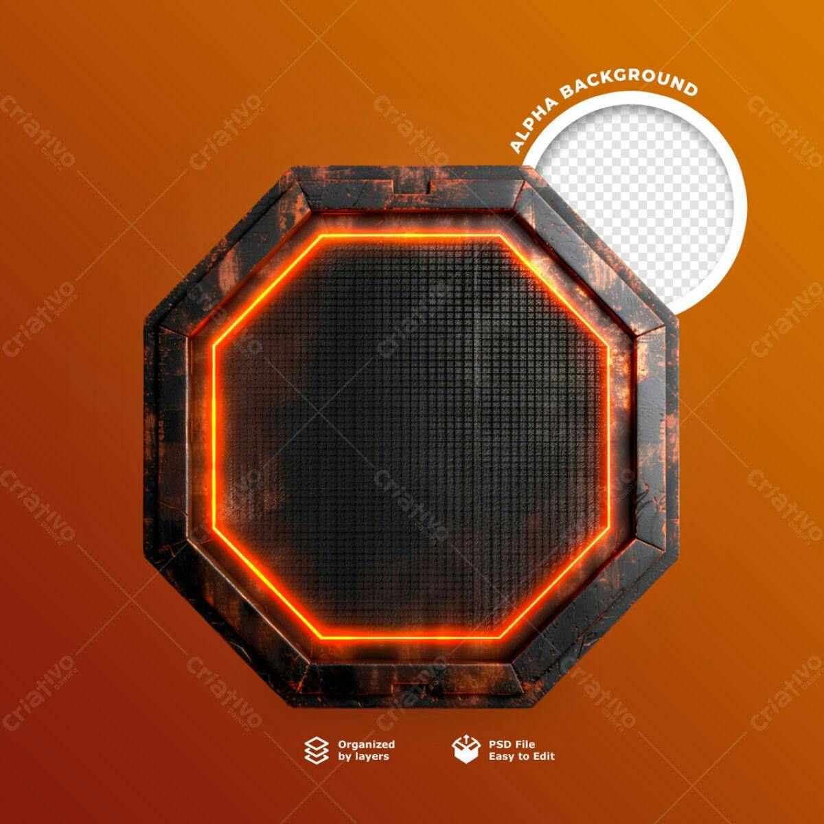 Moldura Metálica Octagonal com Iluminação Laranja PSD Editável