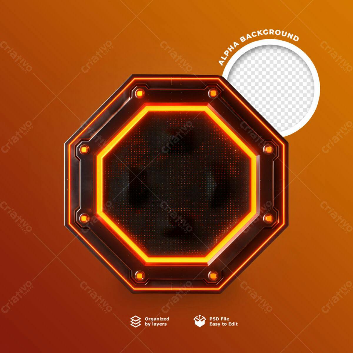 Moldura Octagonal com Iluminação Laranja PSD Editável