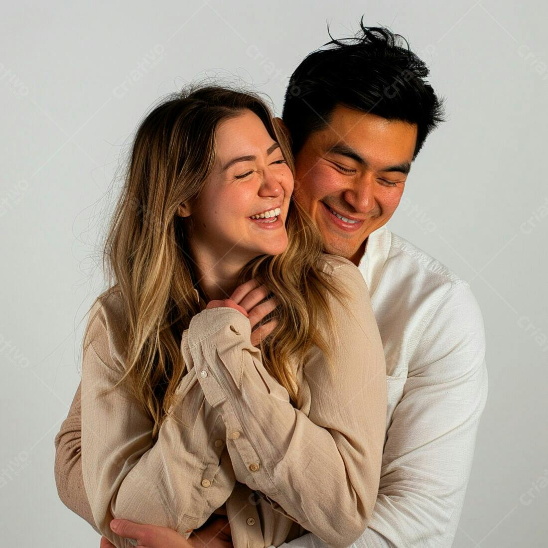 Casal abraçado sorrindo fundo neutro