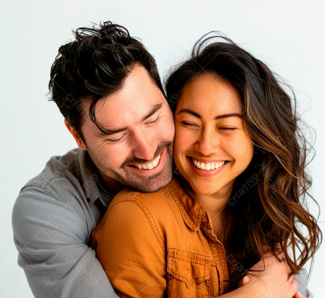 Casal abraçado sorrindo fundo branco