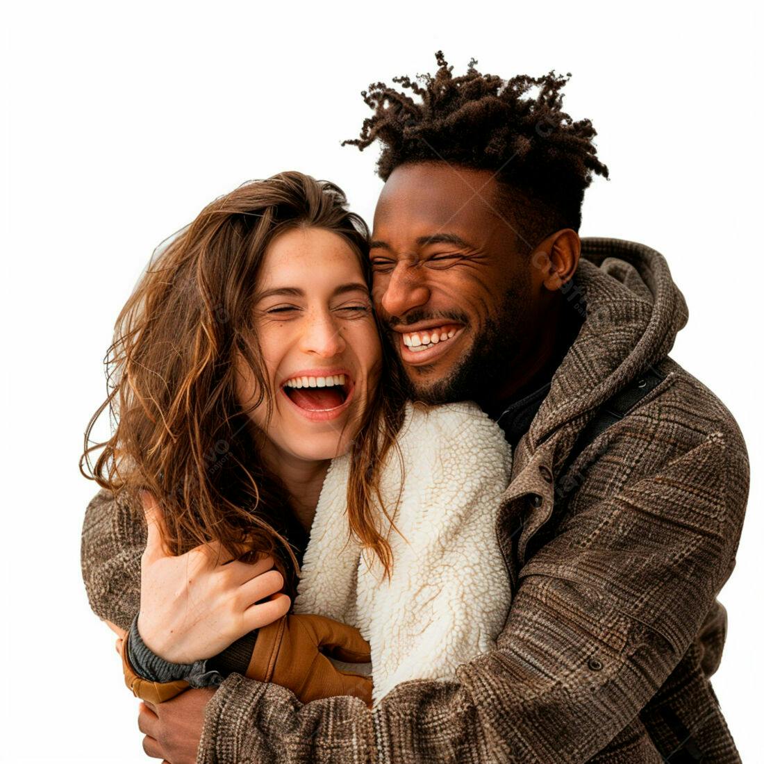 Casal abraçado rindo muito fundo branco