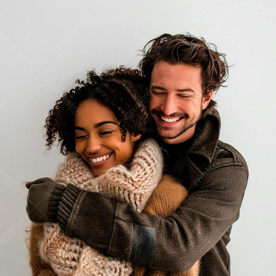 Casal abraçado em dia frio vestindo casacos