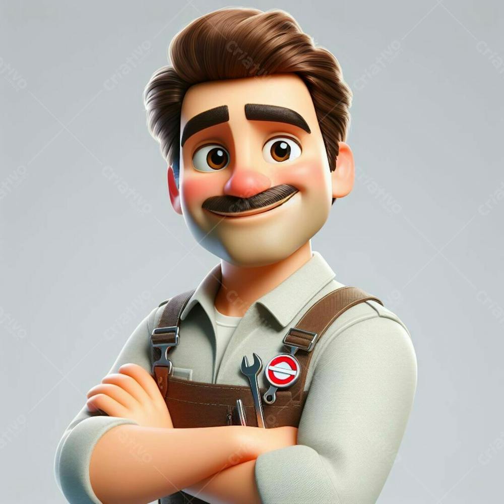 Composição 3D, No Estilo Disney Pixar, De Um Mecânico V.
