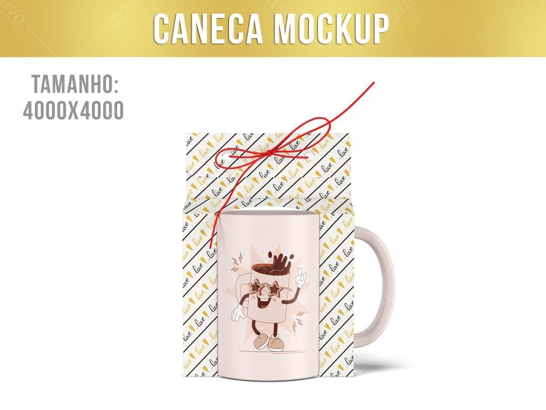 Mockup Caneca com Design Cartoon e Embalagem