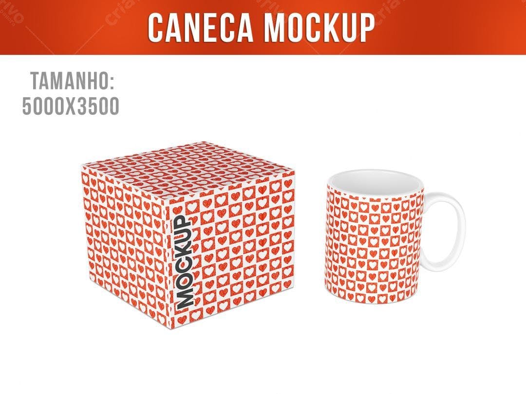 Mockup Caneca e Caixa com Estampa Romântica de Corações Vermelhos