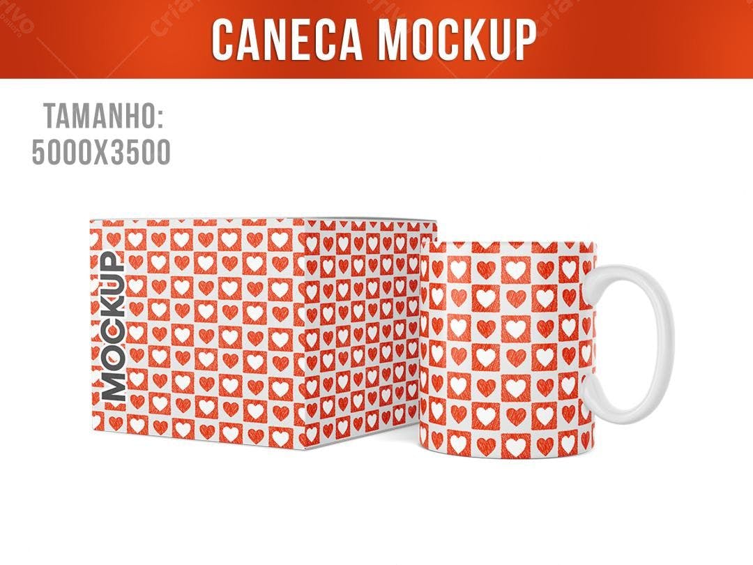 Mockup Caneca Romântica com Caixa - Vermelho e Branco
