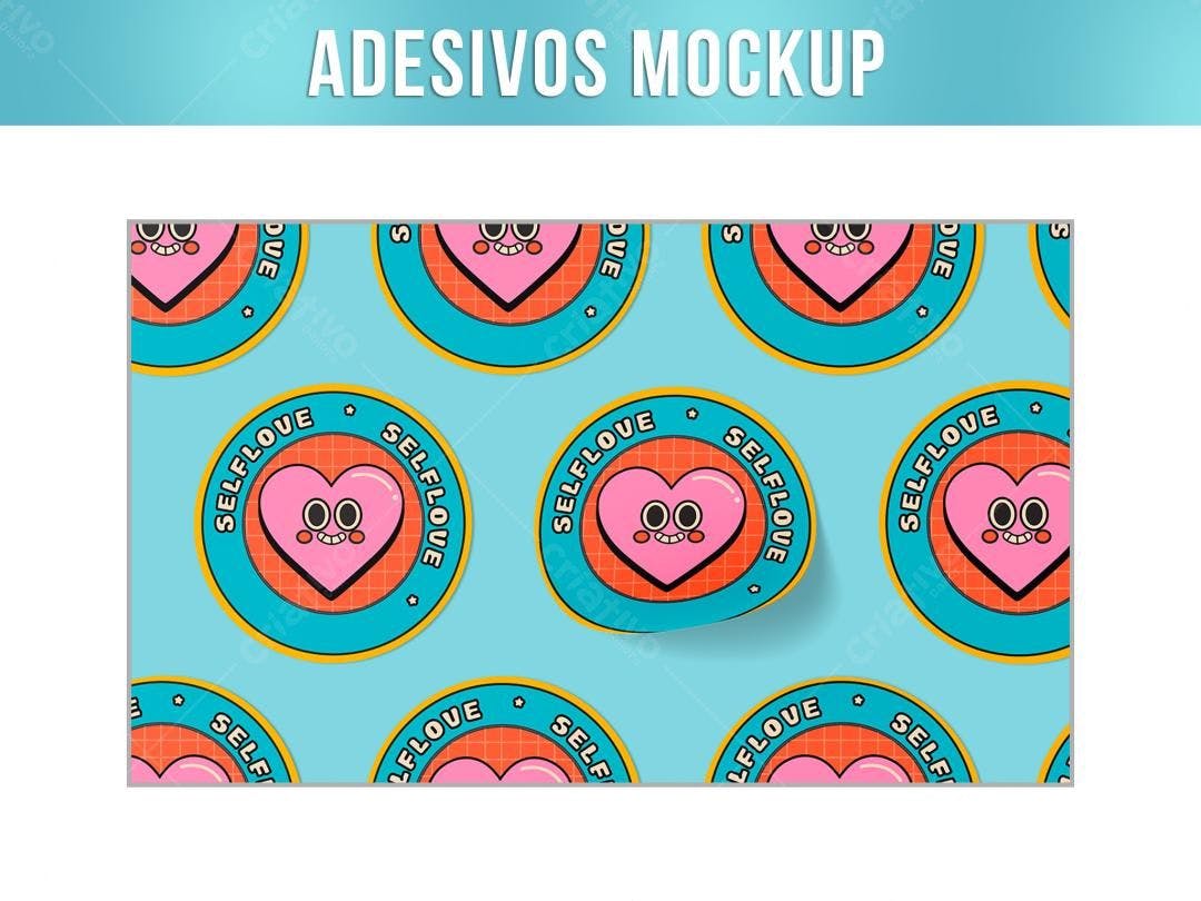 Mockup de Adesivos Redondos com Design de Coração - Estilo Retrô