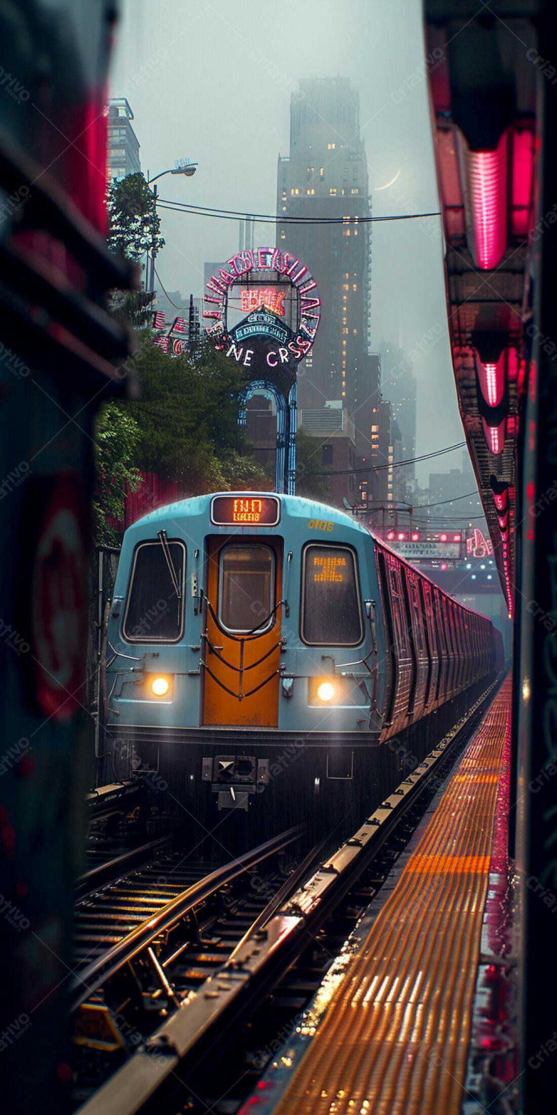 Trem chegando estação cidade chuvoso