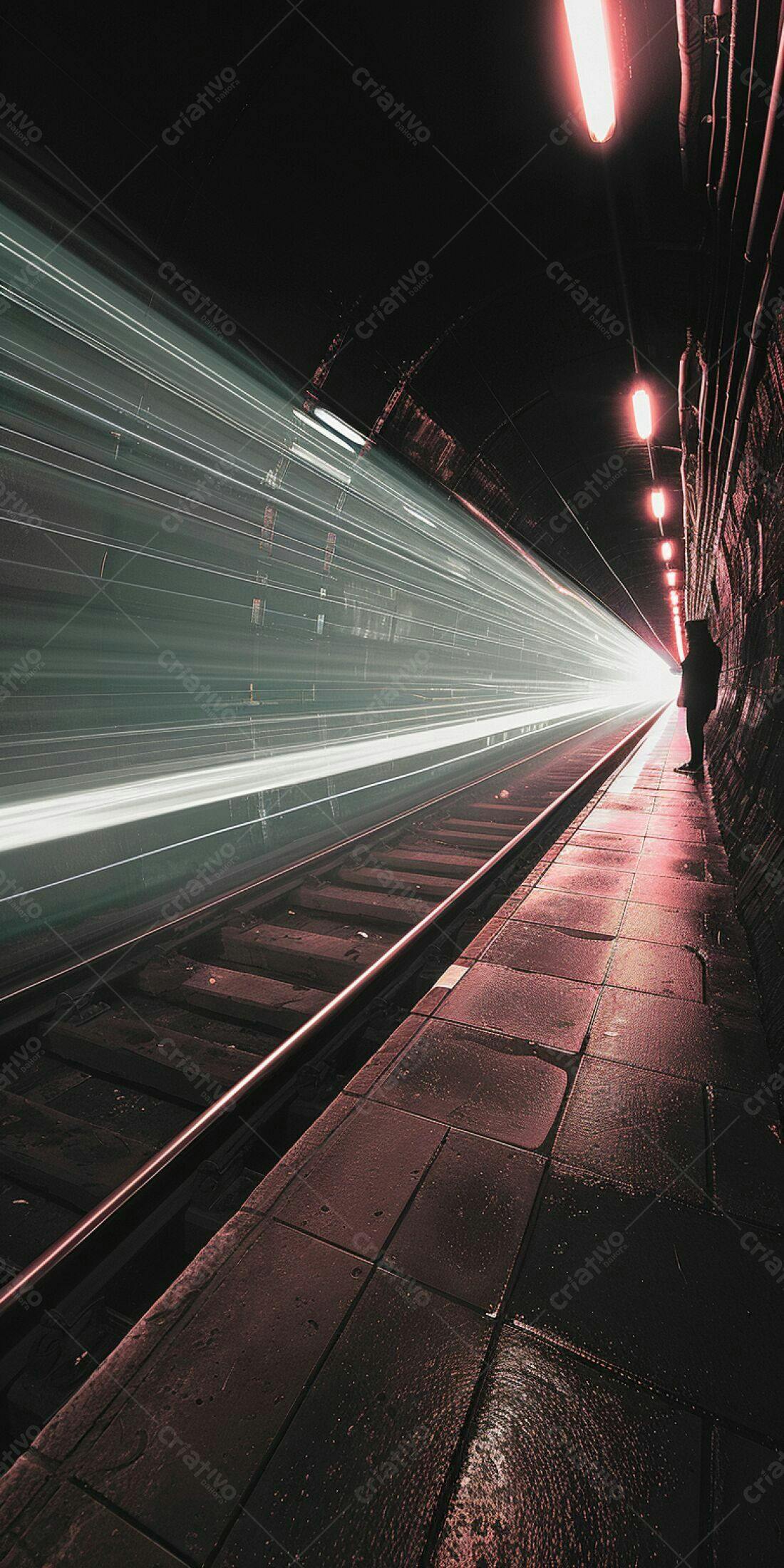 Trem em movimento em túnel noturno