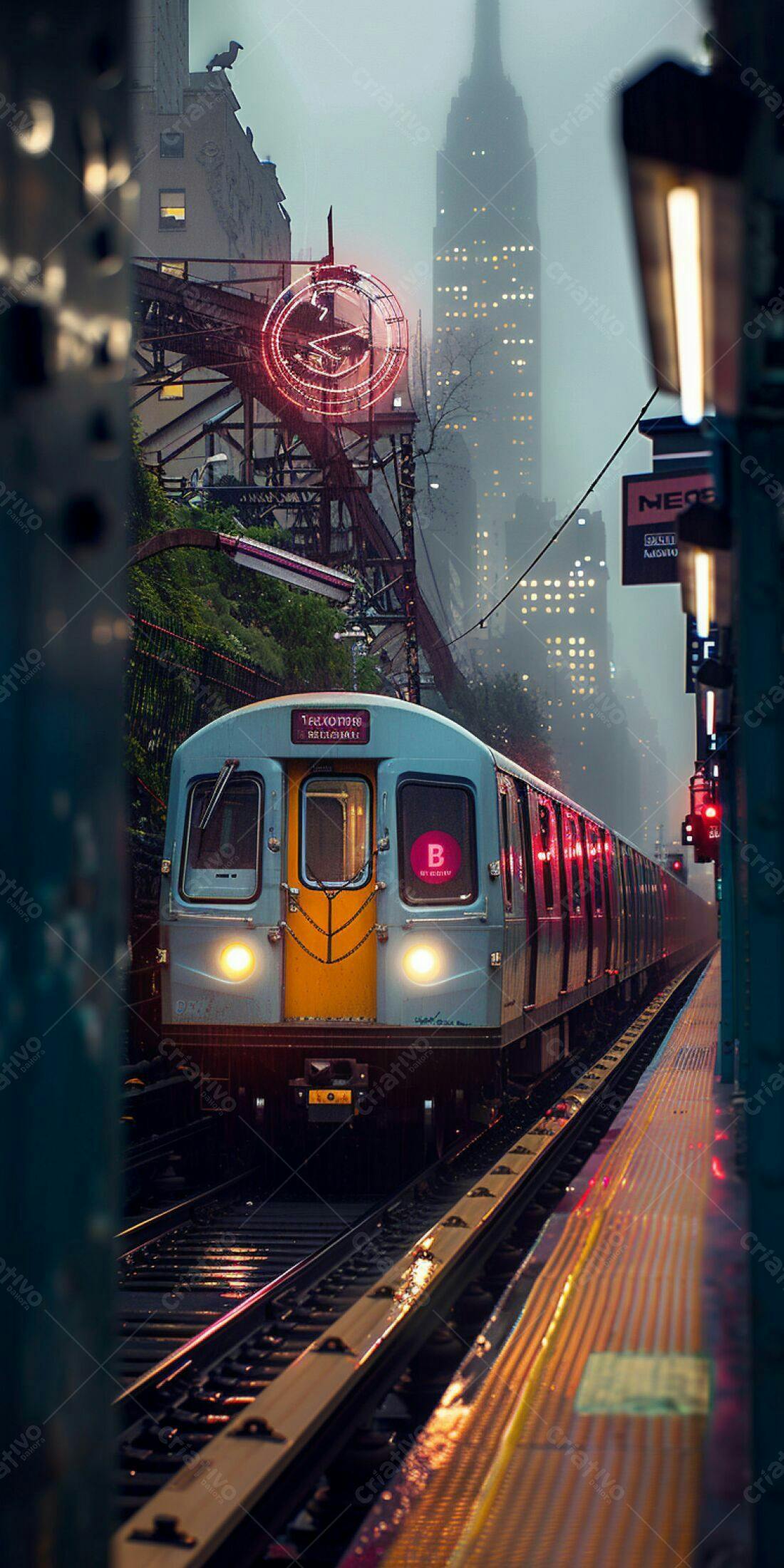 Trem em estação chuvosa em Nova York