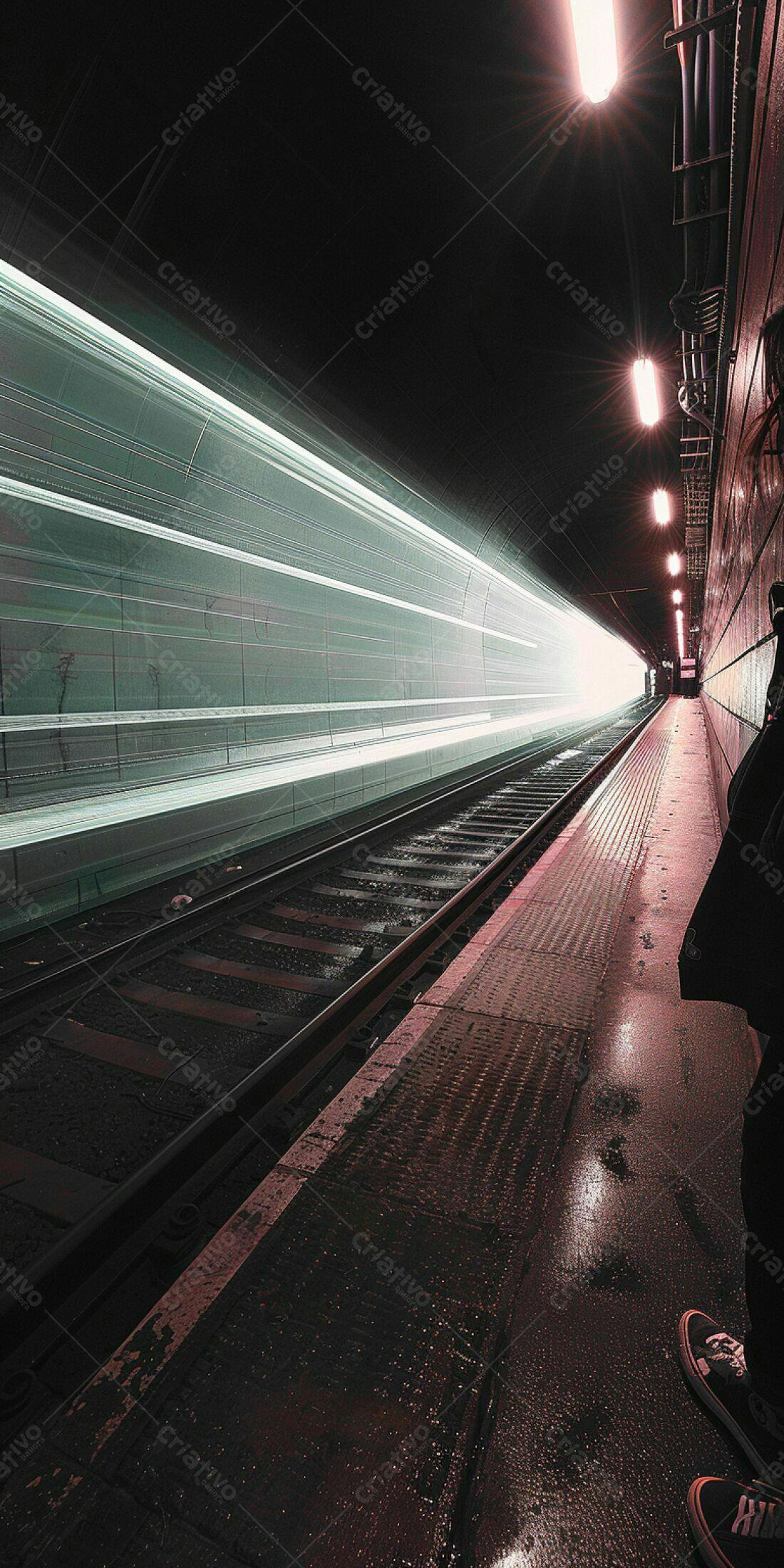 Trem em movimento em túnel noturno