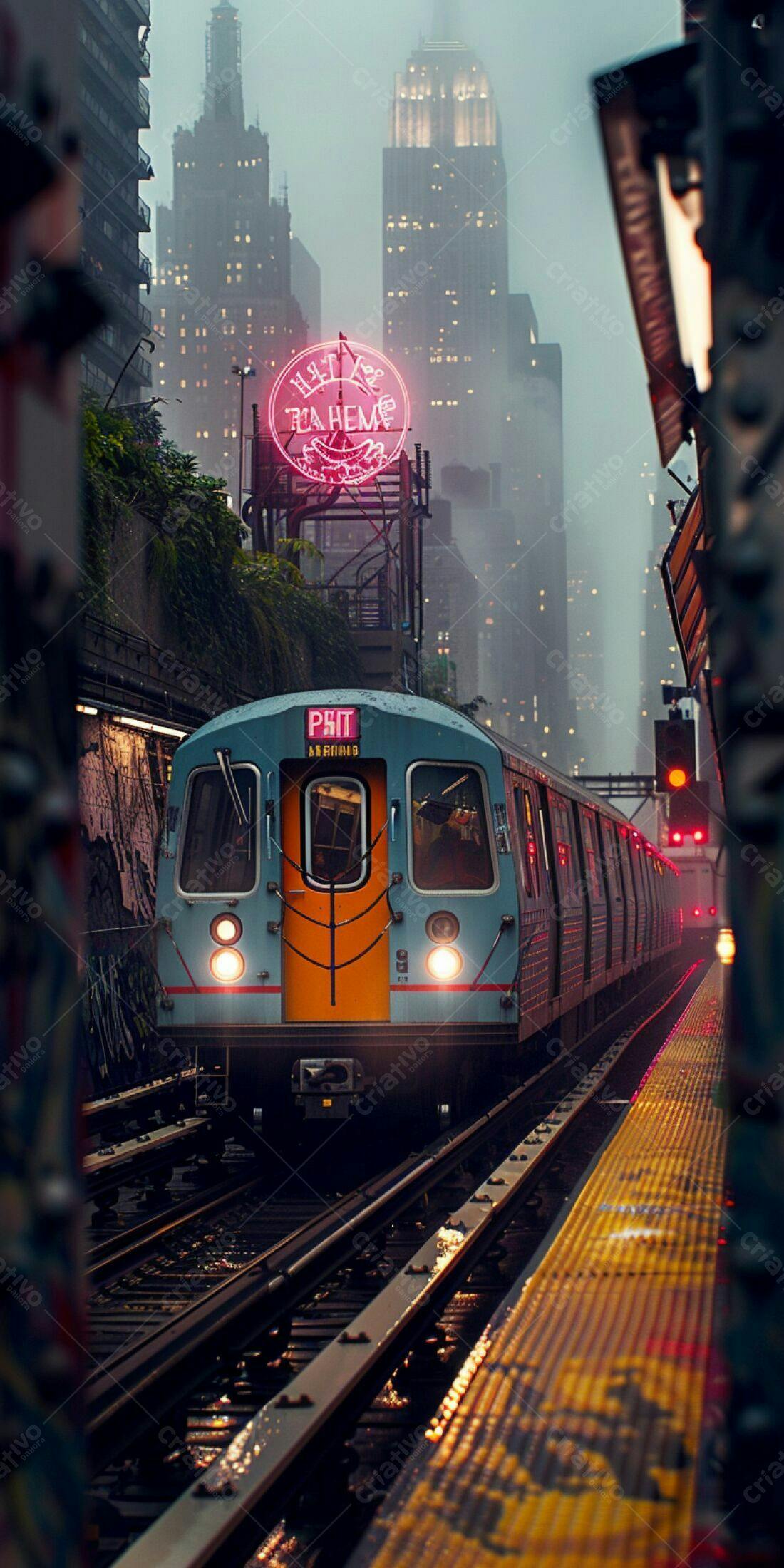 Trem do metrô em dia chuvoso em Nova York