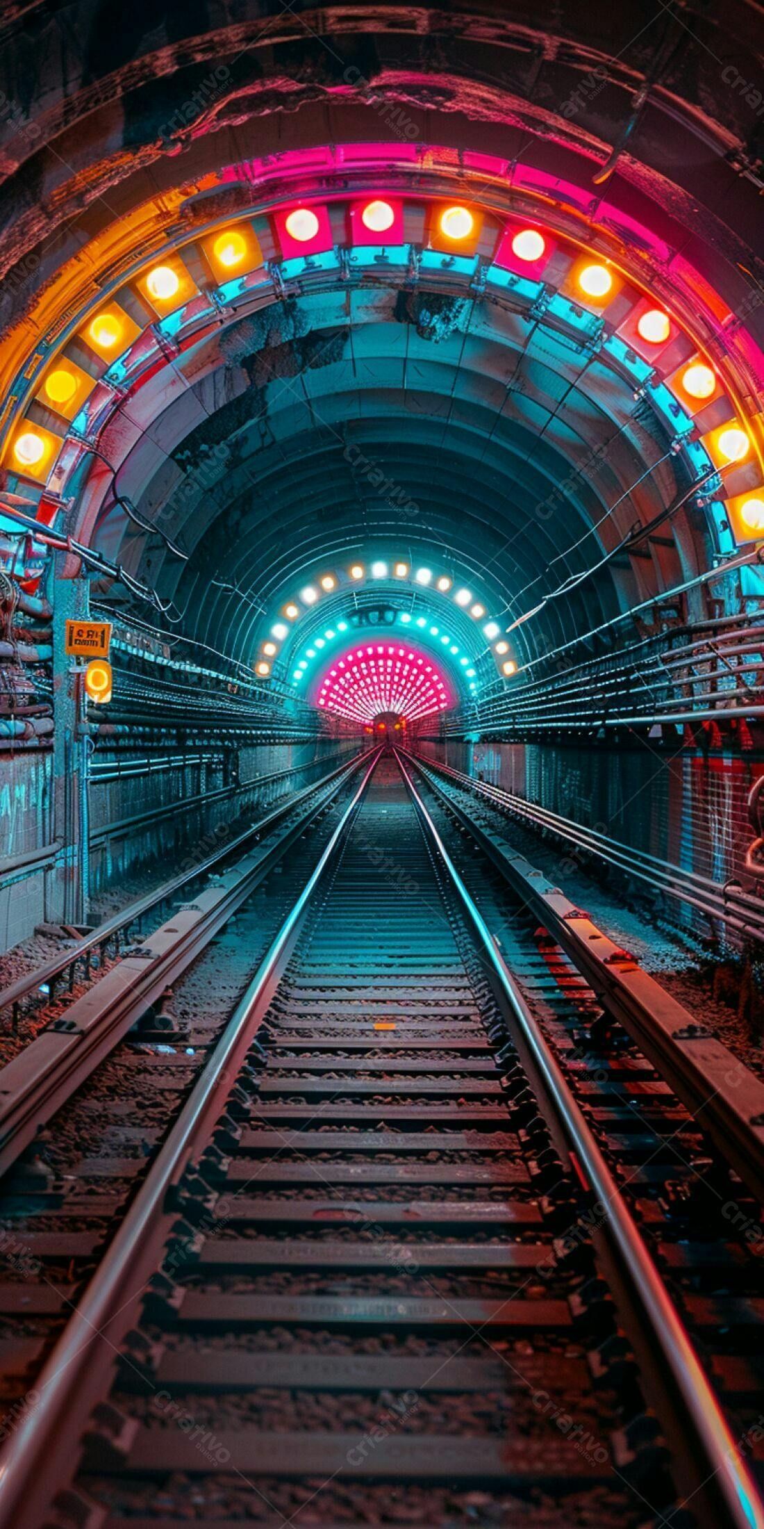 Trilhos de trem em túnel iluminado com luzes neon