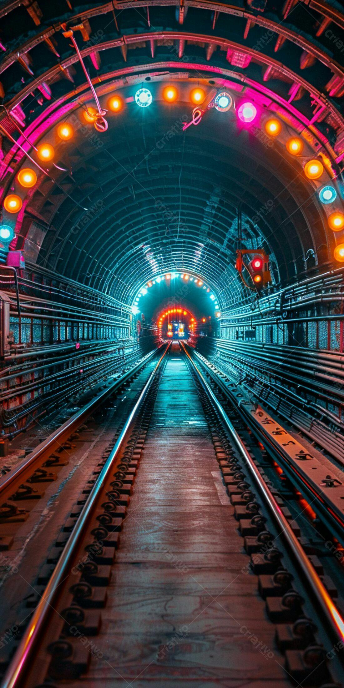 Trilhos de trem em túnel iluminado